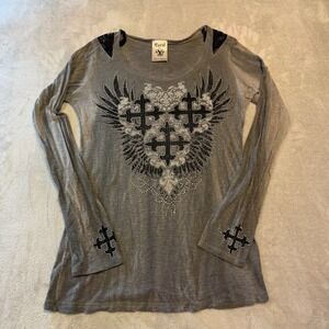 Vocal Gray Rhinestone Cross Wing Long Sleeve Top Lace Shoulder XL 10618L USA